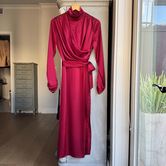 Alexia Admor Dress Sz 8 Red Satin Maxi Faux Wrap Belted High Neck Long Sleeve - Picture 12 of 13